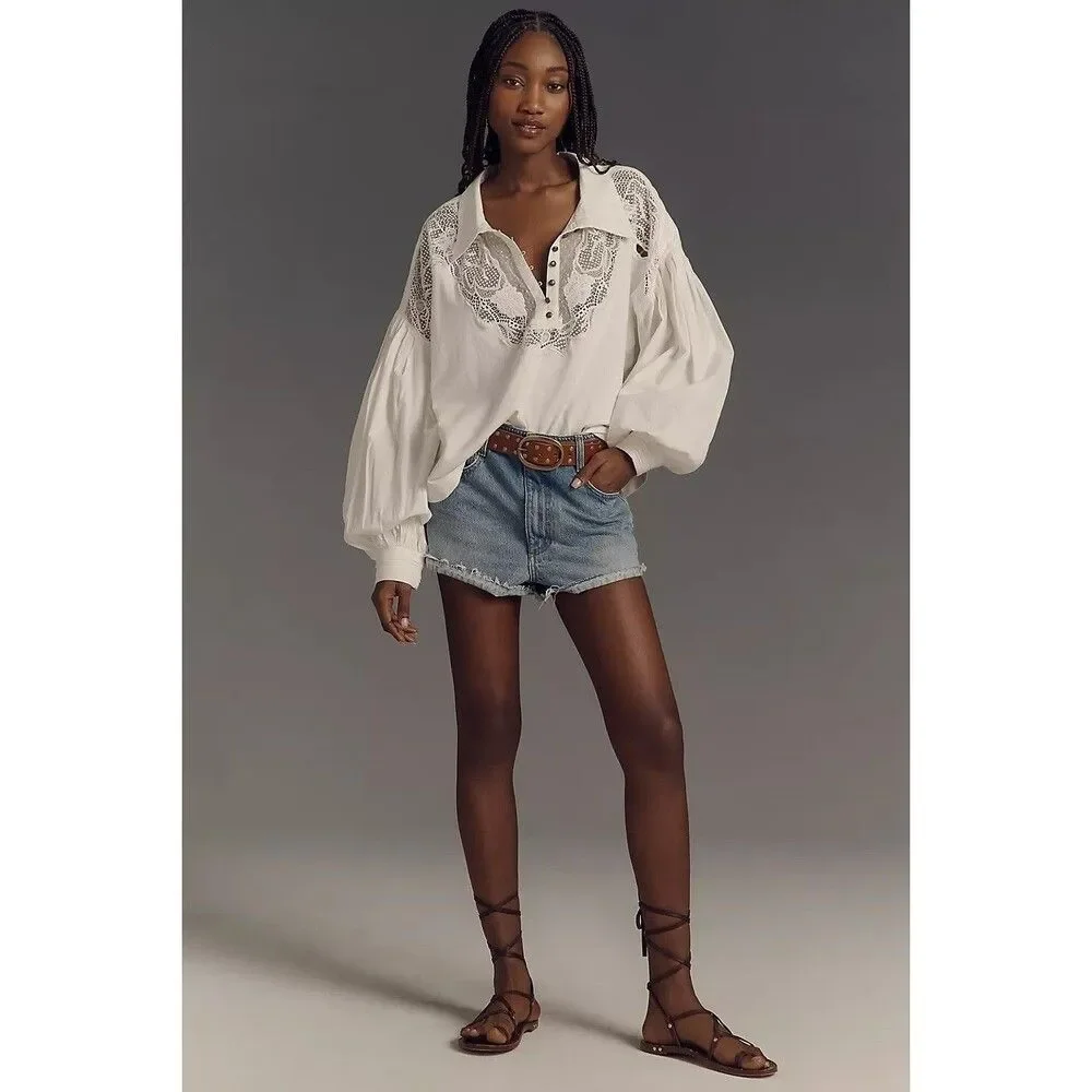 Maeve Anthropologie Puff-Sleeve Collared Yoke Blouse Top Embroidered S 280241